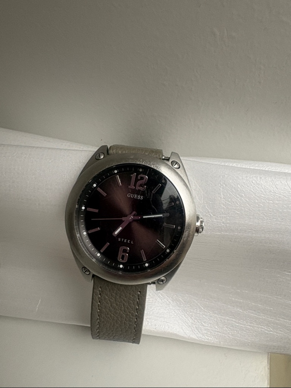 Guess Men's Watch with Purple Dial and Tan Strap